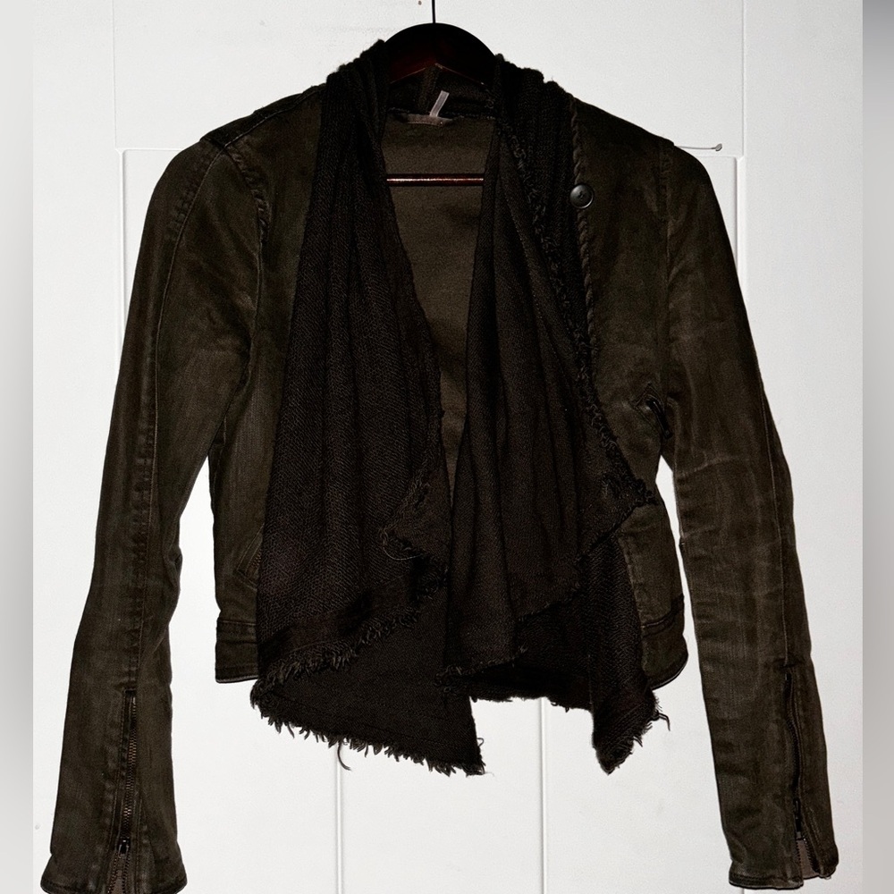 Free People Denim & Knit Sweater Women 2 Jacket Green Draped Front‎ Moto